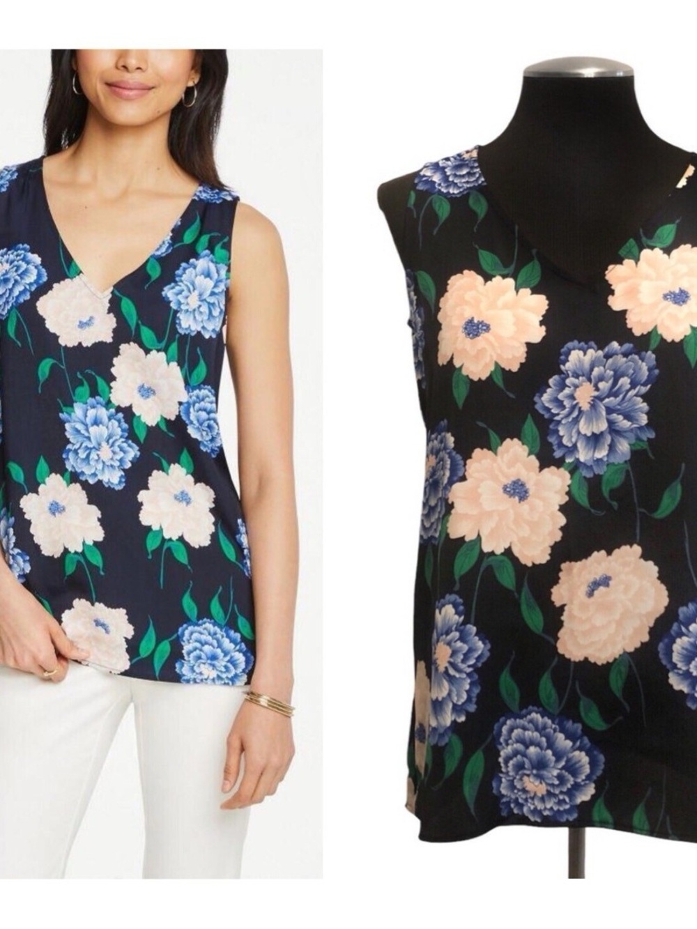 Ann Taylor Navy Floral V-Neck Sleeveless Blouse with Pink & Blue Flowers